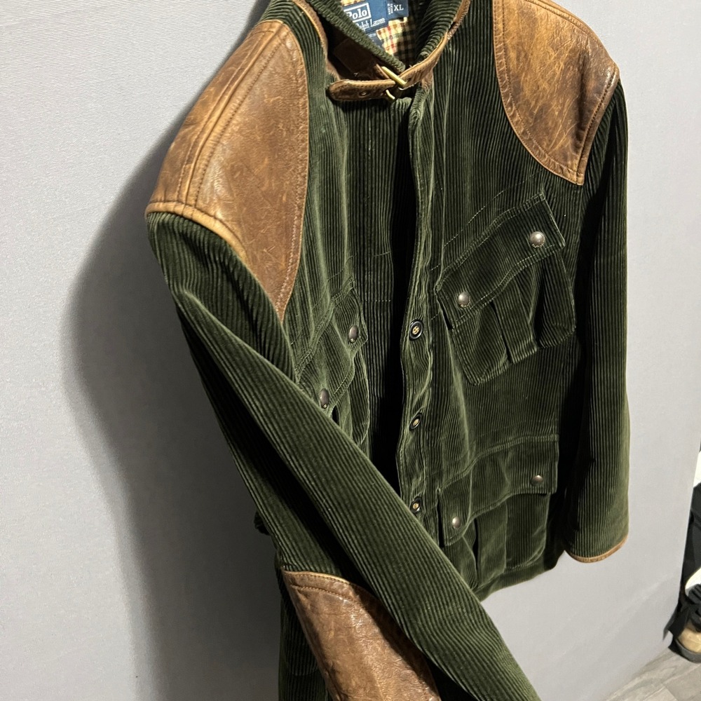 Polo Ralph Lauren Green Corduroy Hunting Jacket Leather Trim Mens XL Safari Coat - Picture 3 of 9
